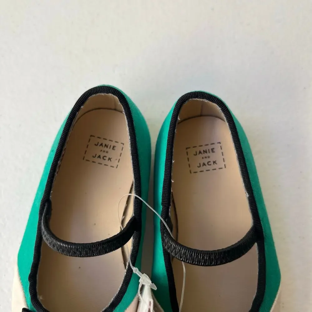 Janie and Jack Mary Jane Ballet Flats Little Girls Size 4 Green Black Bow NEW